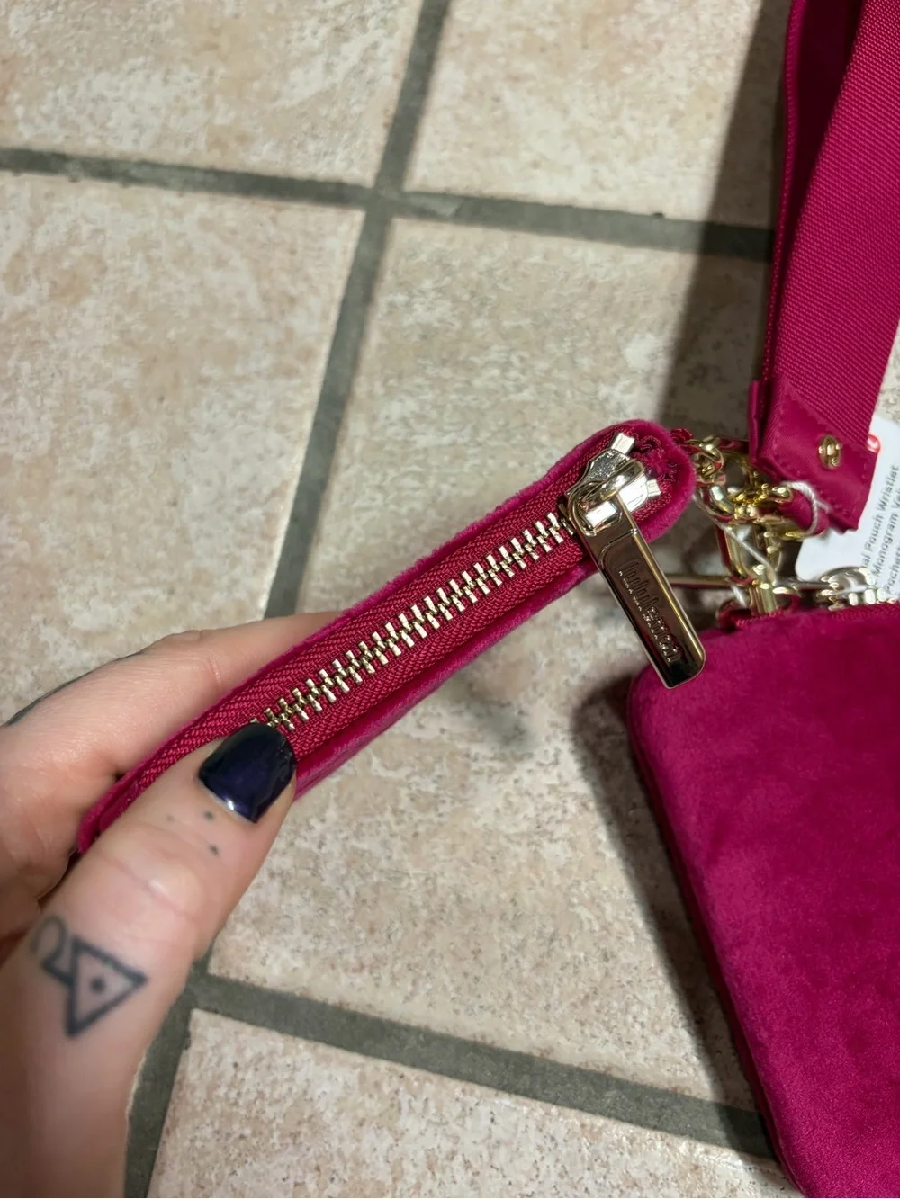 NWT Lululemon Dual Pouch Wristlet *Monogram Velvet (Berry Rumble/Gold)